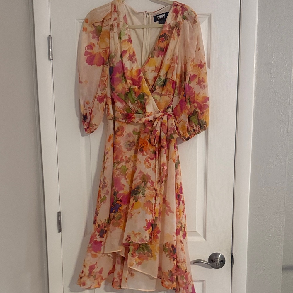 DKNY High Low Floral Dress - Pink and Orange